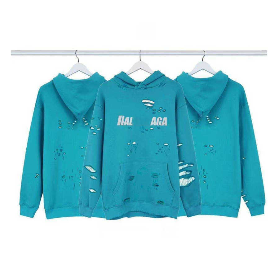 

Fashion Brand Designer Hoodies Paris Hole Tearing Washed Chest Letter Print Loose Pullover Sweatshirts Blue Balanciagas