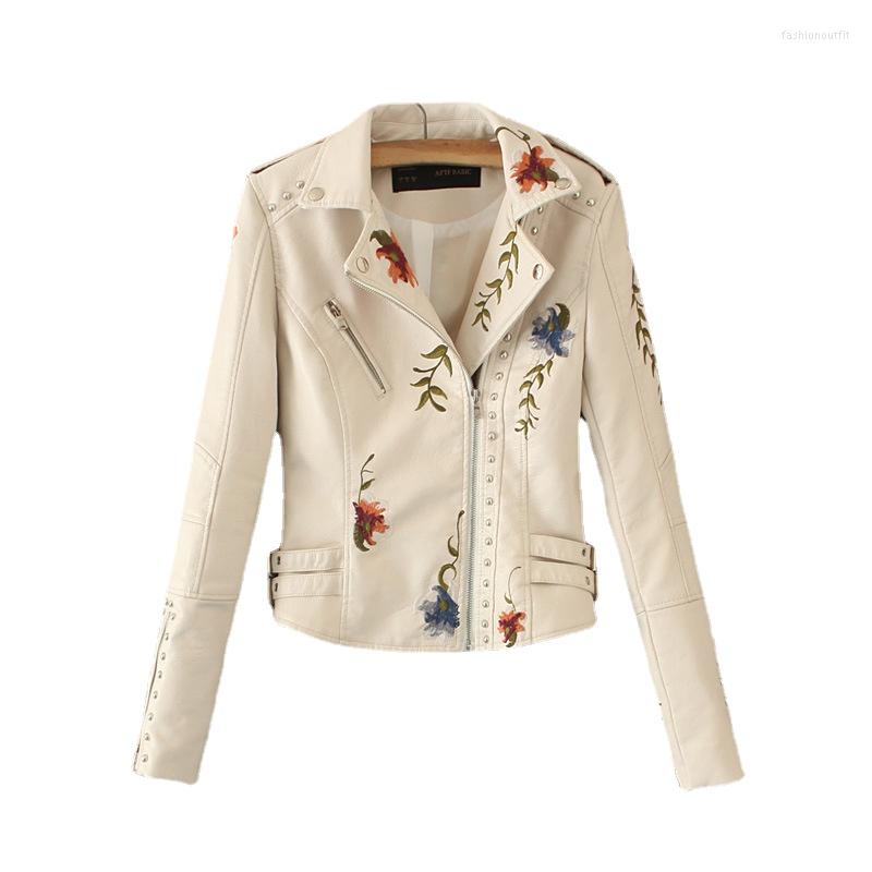 

Women' Leather Fashion Spring Autumn Faux Women' Jacket Floral Print Embroidery Lapel Collar Motorcycle Female PU Jackets, Beige