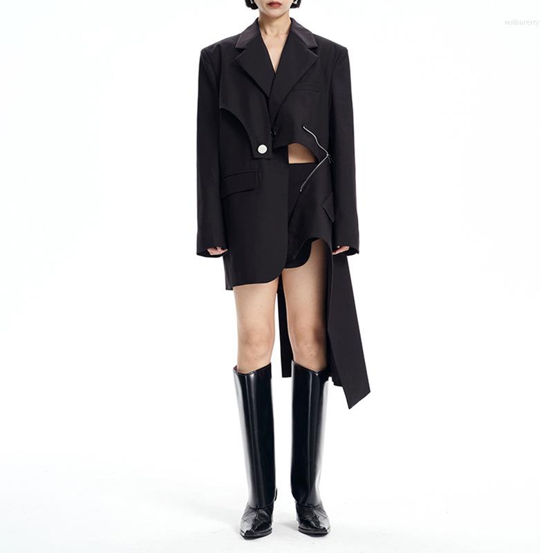 

Women's Suits Fashion Women's Blazer Spliced Loose Single Button Zipper Long Sleeve Irregular Black Suit Jackets Autumn 2022