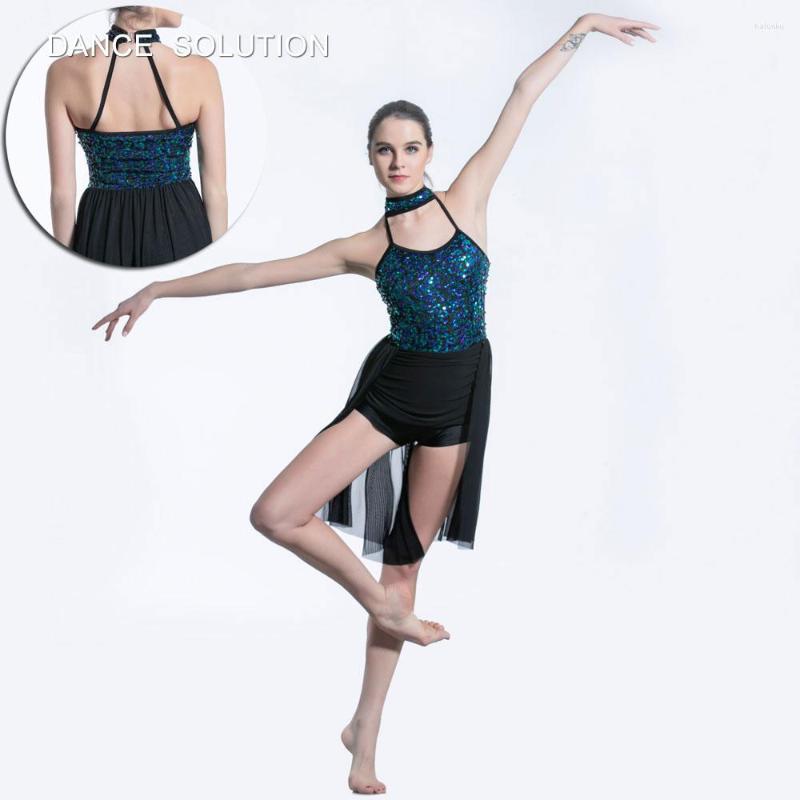 

Stage Wear Sequin Halter Neck Top With Leotard Mesh Skirt Dance Lyrical Costumes For Adult & Child Dancer Performance Dress 19602, Black