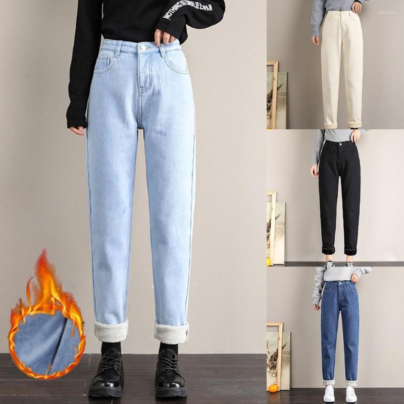 

Hunting Pants Retro Flannelette Womens Winter Jeans High Waisted Straight For Schoolgirls Loose Skinny Thick Fleece Lined, Apricot