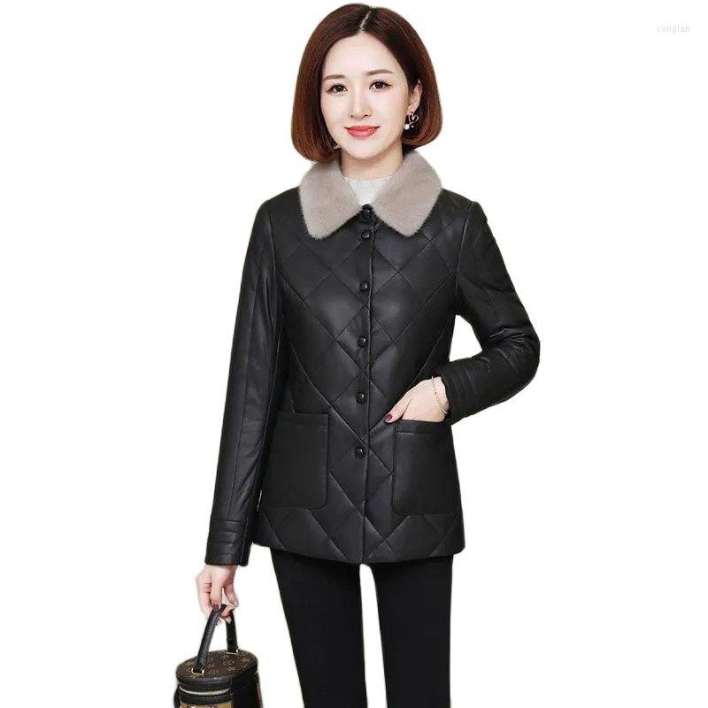 

Women's Leather Fashion Not Cracked Jacket Female Add Cotton Thick Warm Winter Coat Fur Collar Women's Parka Casual, Black