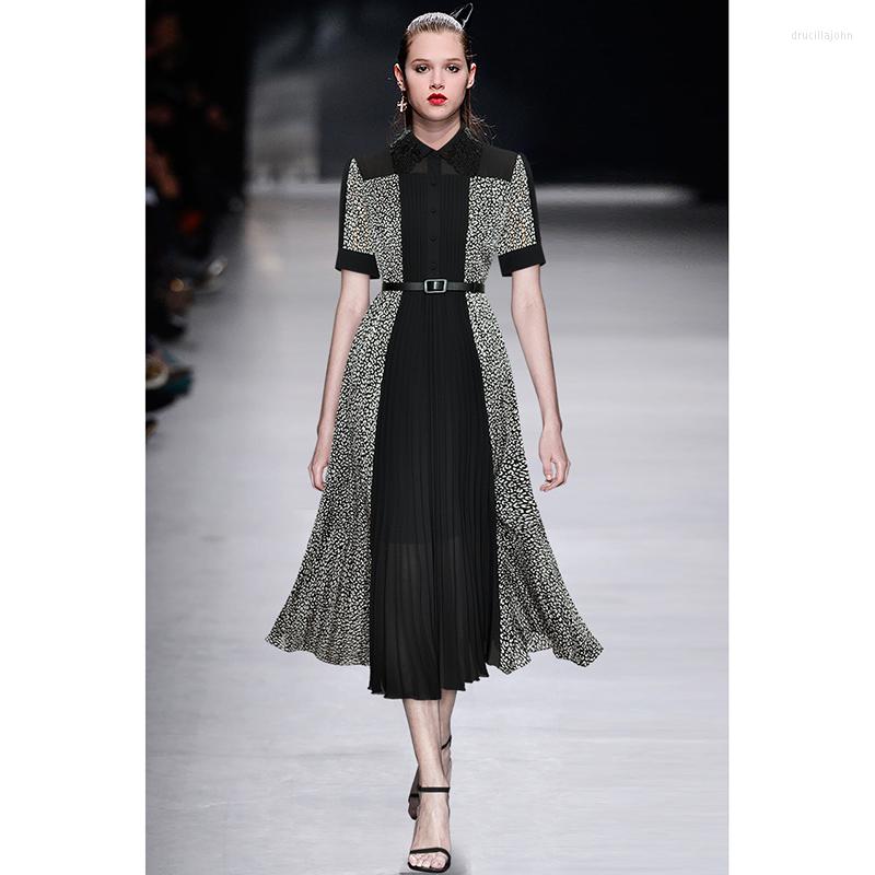 

Work Dresses Fashion Designer Summer Women Vintage Sequin Embroidery Contrast Patchwork Pleated Belt Casual Office Party Celebrity Midi, Black