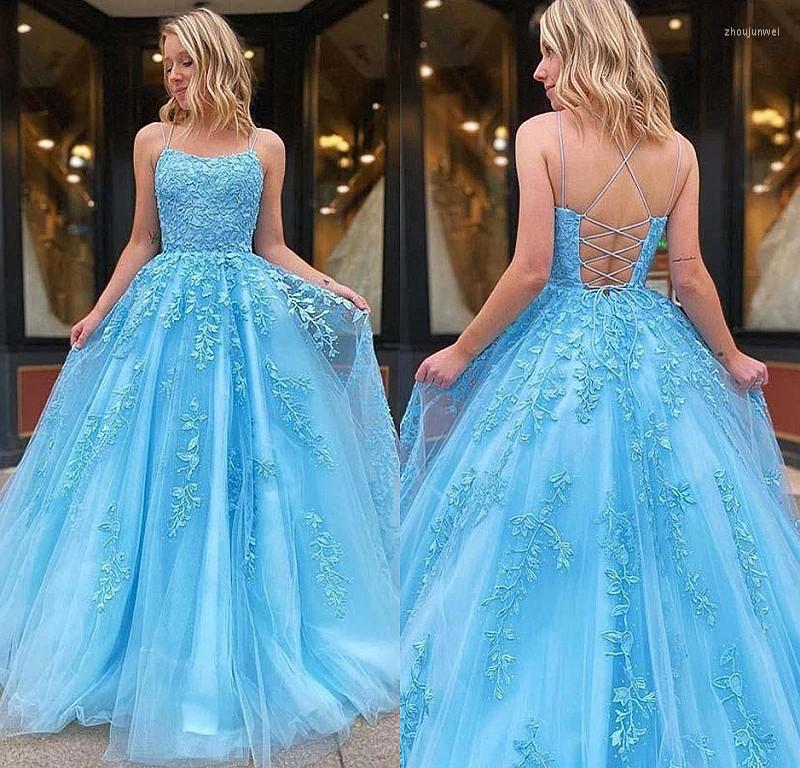 

Party Dresses Real A-Line Scoop Neck Soft Tulle Appliques Blue Prom Criss-Cross Back Sweep Train Long Elegant Formal, Gray