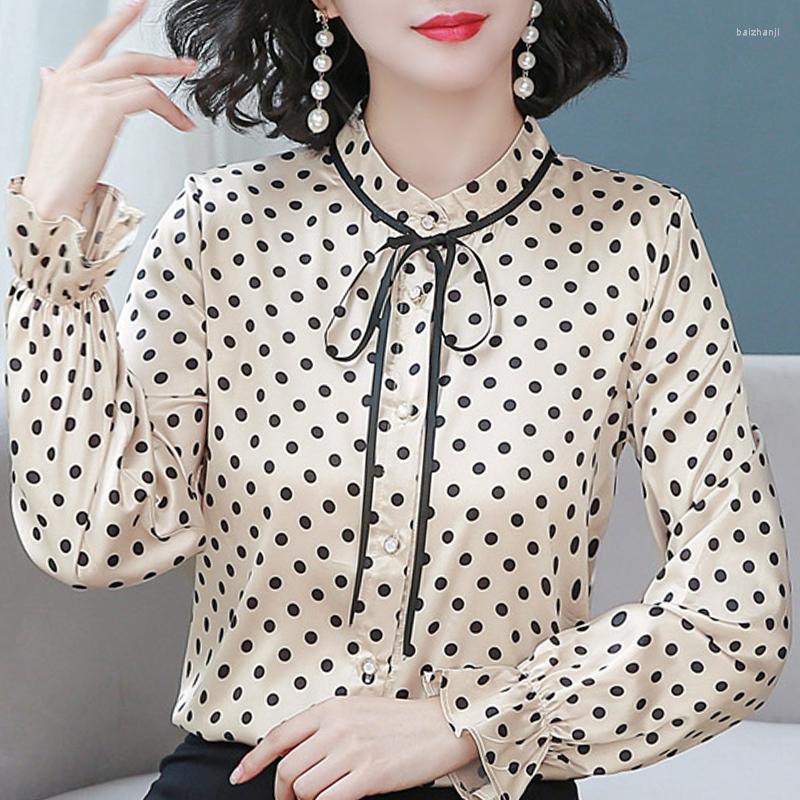 

Women' Blouses Blusas Mujer Blouse Women 2022 Bow Stand Collar Dot Chiffon Shirt Tops Long Sleeve Shirts Blusa D455