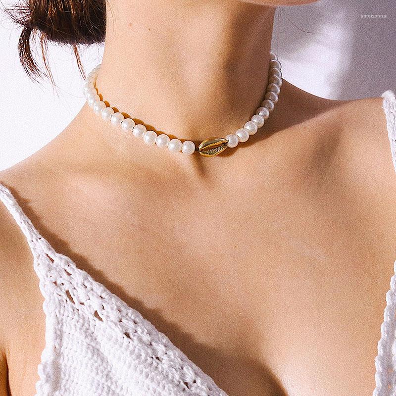 

Choker Chic Temperament Imitation Pearl Alloy Sea Shell Necklace Women Vintage Geometric Neck Chocker Colar Jewelry