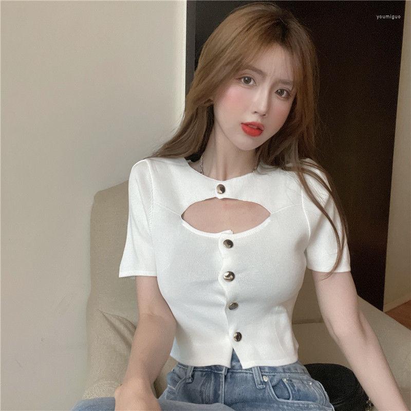

Women' T Shirts Woman Tshirts Hollow Out Single-Breasted Short Sleeve 2022 Summer Knitted Shirt Female Crop Top Mujer Camisetas, Black