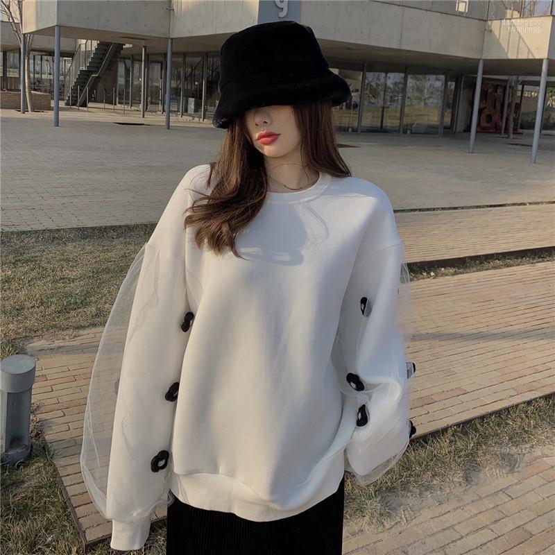 

Women's Hoodies Sweatshirt Loose Female Design Sense Mid-length Mesh Stitching Puff Sleeve White Fashion Simple Round Neck Hoodie Top