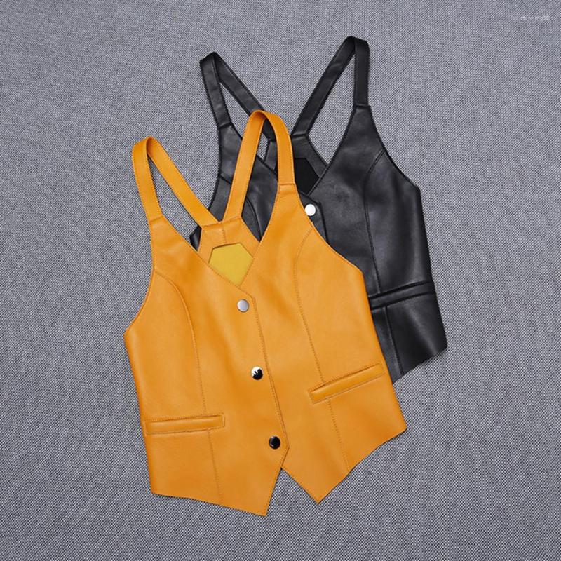 

Women's Leather Spring Autumn Designer Women's High Quality Sheepskin Genuine V-neck Vests Waitcoat B999, Orange