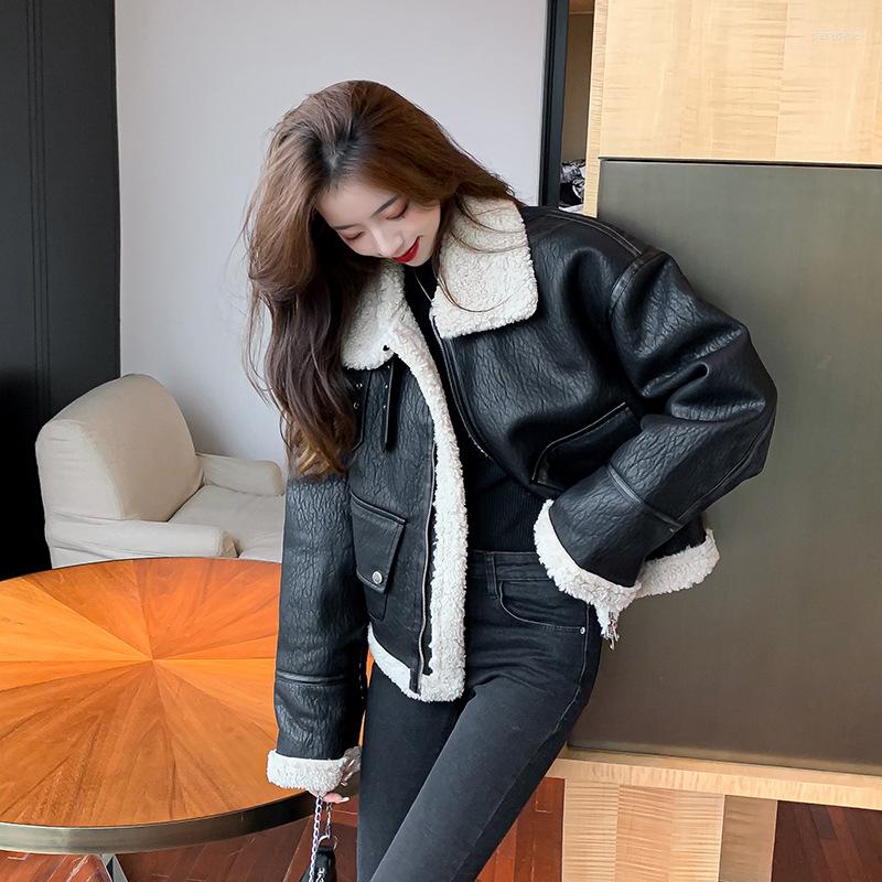 

Women' Leather CNACNOO Women High Quality Black Motorcycle Jacket Thermal Padded Warm Parkas Short Design Lamb Fur Flight Coat, Beige