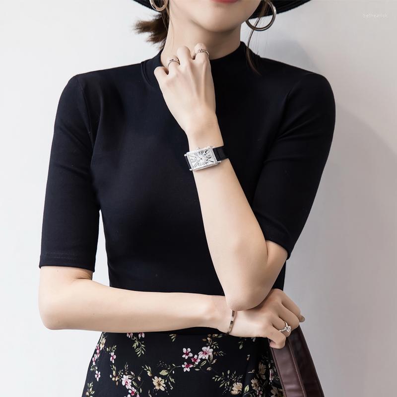 

Women' T Shirts Turtleneck Women T-Shirts 2022 Half Sleeved Solid Knitted Elastic Slim Lady Elegant Top Tees Female Outwear Tops, Brown