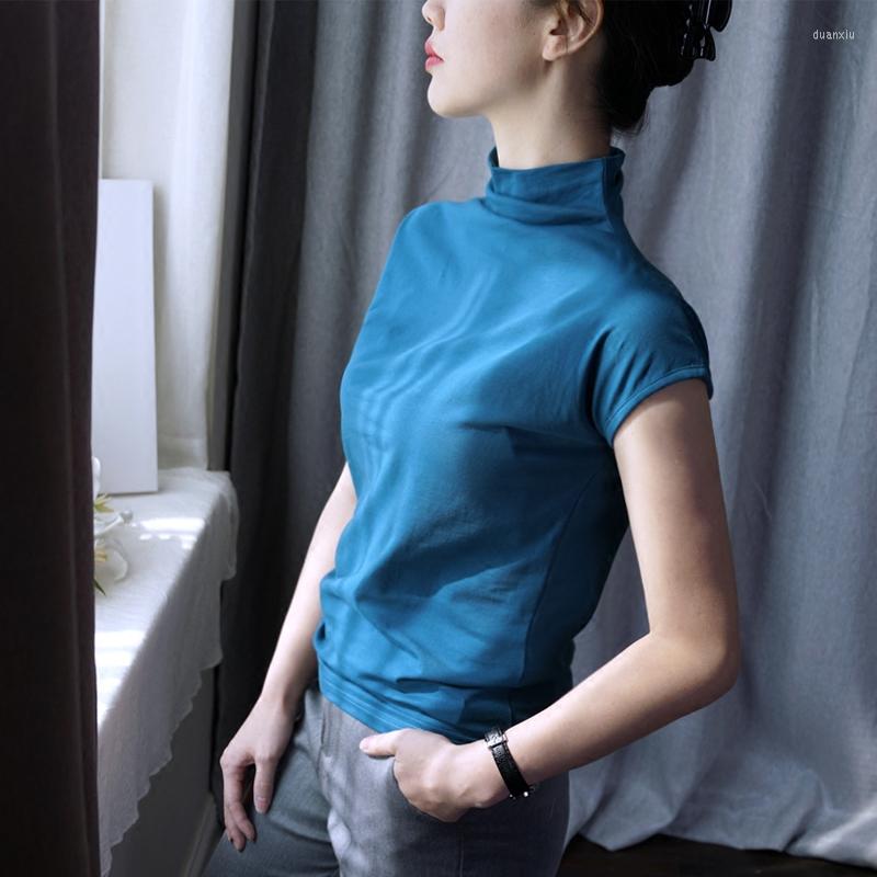 

Women' T Shirts Elegant Turtleneck Women T-shirts 2022 Summer Solid Slim Shorts Sleeved Sexy Office Lady Cotton Top & Tees Outwear, White