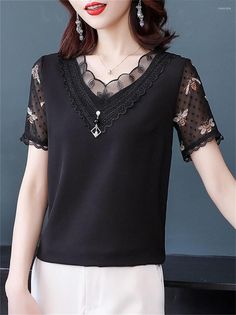 

Women's Blouses Woman Spring Summer Style Shirts Lady Casual Short Sleeve V-Neck Lace Blusas Tops DD9266, Black