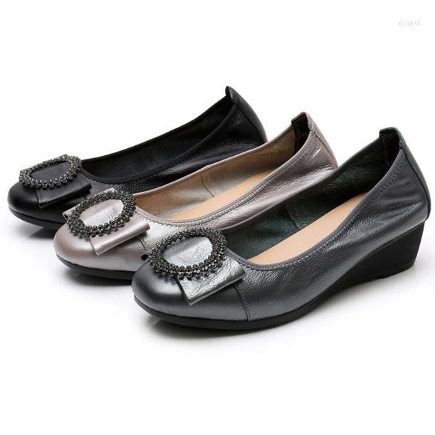 

Dress Shoes DikoDumter Women Fashion Genuine Leather Wedge Lady Casual Rhinestone Bow Comfortable Slip On, Black