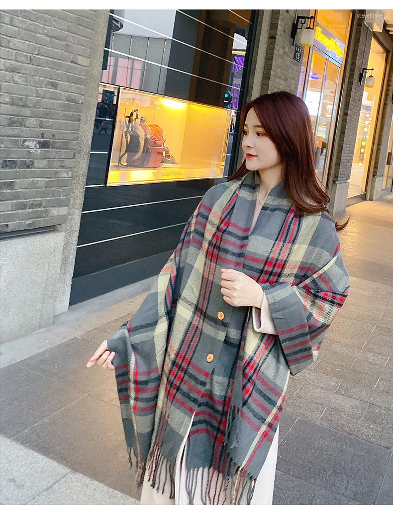 

Scarves Korea's Women Cashmere Button Cape Dual-use Thickened Tassel Plaid Scarf Drophipping Factory