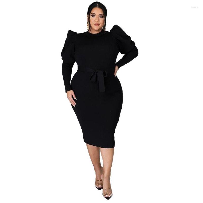 

Plus Size Dresses Fashion Women's 2022 Autumn Winter Long-sleeved Belted Large Dress Solid Color Elegant Lady, Black