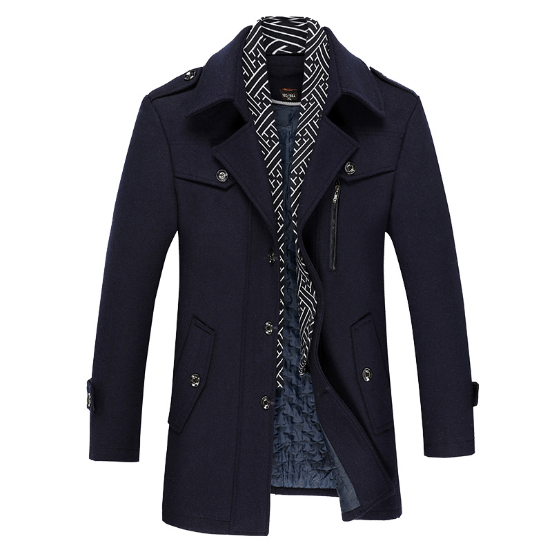 

Mens Trench Coats Mid-Length Winter Woolen Pea Coat with Detachable Soft Touch Wool Scarf Plus Size 5XL, Dark blue