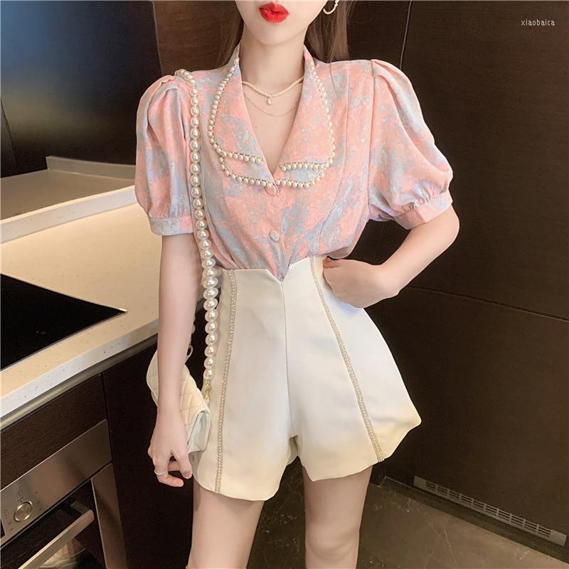 

Women' Tracksuits Turn-down Collar Short Puff Sleeve Korean Style Women Chiffon Shirt Tops High Waist Suit Wide Leg Shorts Two Piece Set, Only shorts