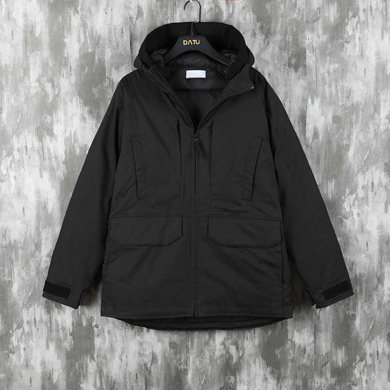 

Stone pirate 21fw Winter medium and long down jacket Functional style Multi Pocket design plush printing hat warm men's coat, Black