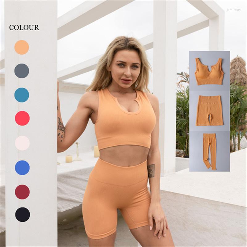 

Active Sets 2/3pcs Women Gym Yoga Set Athletic Wear For Summer Outfits Fitness Workout Sportswear Female Seamless V Neck Crop Top Sports Bra, Yellow shorts