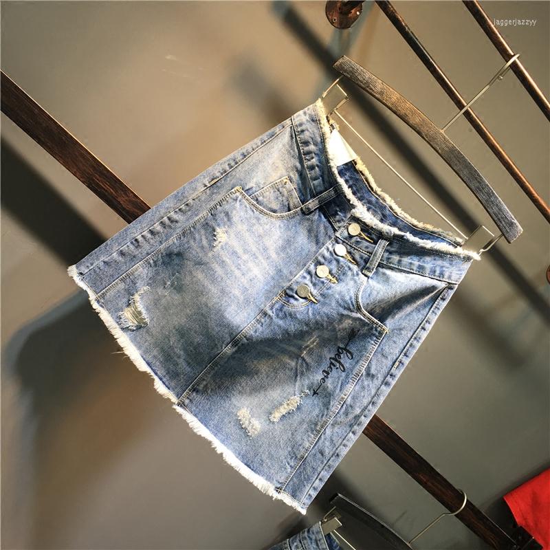 

Skirts Denim Mini Skirt Women Summer Ripped Burr Printed Lettered Fashion All-match High Waist A- Line Jean Students, Picture shown