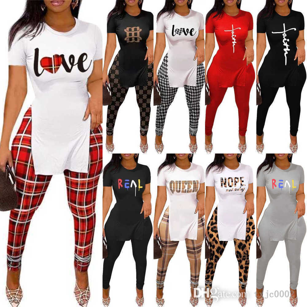 

Summer Fall Desinger Women Tracksuits Sexy Split Letter Printed Short Sleeve T Shirt And Pants Outfits 2 Piece Matching Set, #6