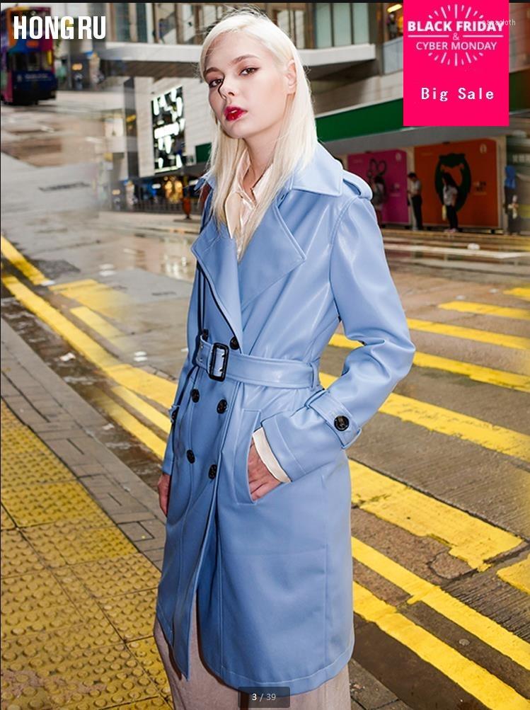 

Women' Leather Autumn Fashion Branddouble Brested Jacket Great Quality British Style Long With Belt Wq399, Black