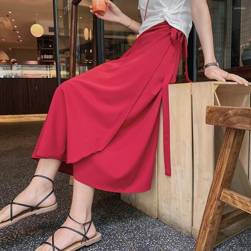 

Skirts Summer Womens 2022 High Waist Side Tie Beach Casual Wrap Skirt Women Solid Elegant Midi Woman Clothes 12 Colors, 247 apricot