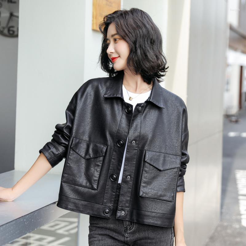 

Women's Leather Spring Autumn Faux Jacket Women Loose Turndown Collar Single Breasted Motorcycle Black Blue Khaki Coats