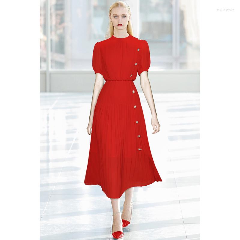 

Work Dresses Black/Red Midi Skirt For Women Elegant Round Neck Short Sleeve Buttons Decoration High Waist Slim Lady Sexy Pleated