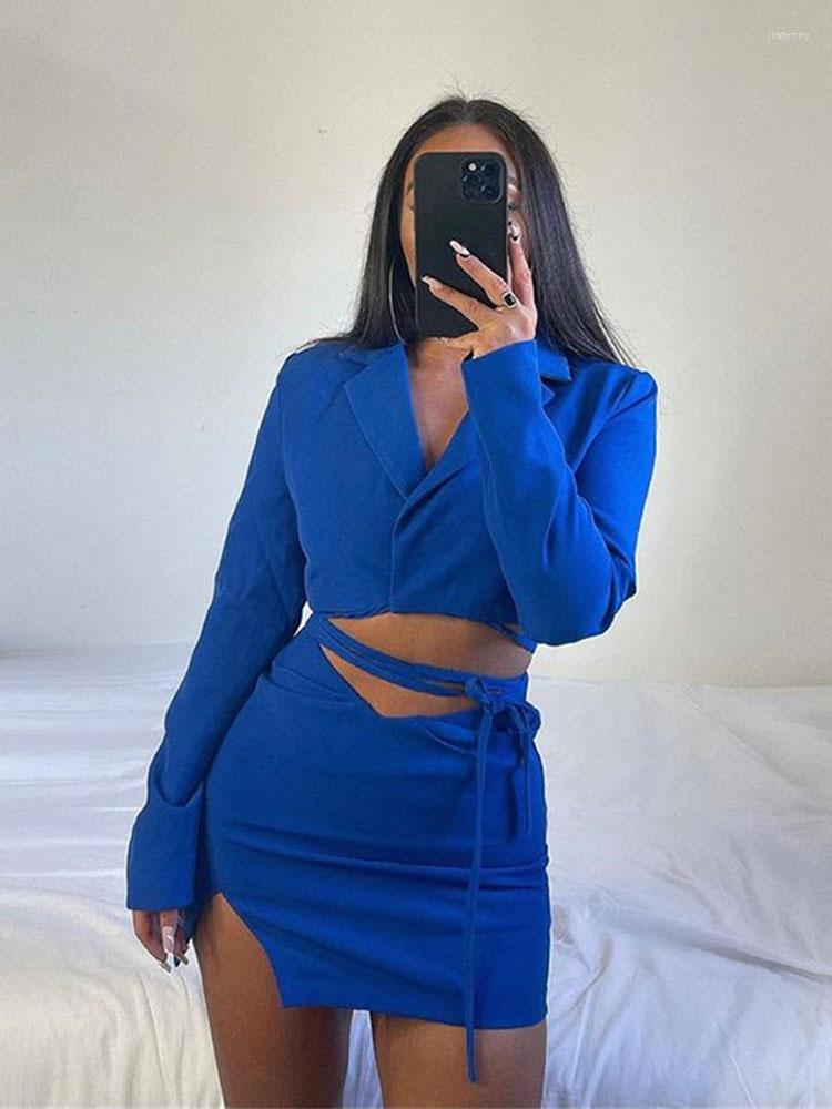 

Work Dresses Autumn Elegant Long Sleeve Short Blazer And Mini Skirt Set 2 Piece Matching Outfits 2022 Sexy Bandage Split Party Dress, Black