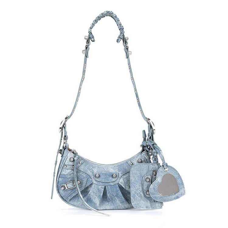 

AHer Max Classic Balenicass leather lecagole motorcycle bag 2023 Shenglu small mirror three piece set rivet women's diagonal hand, White2