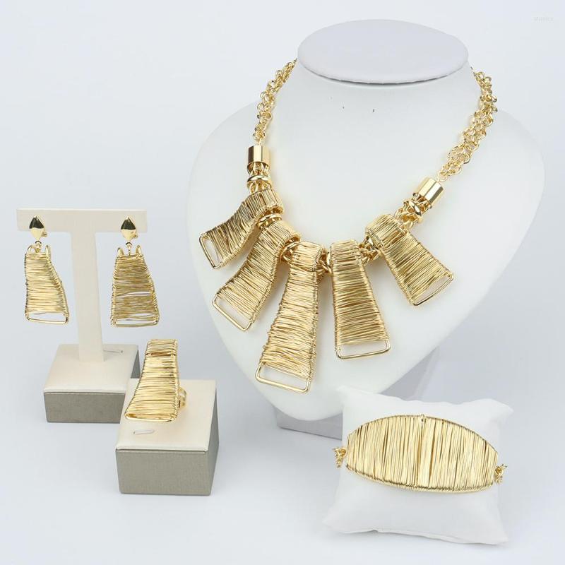 

Necklace Earrings Set African Jewelry For Women Large Brazilian Gold Plated Geometric Bracelet Ring Wedding Party Gift, Picture shown