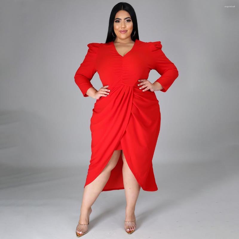 

Plus Size Dresses Elegant Fashion Dress For Women Autumn Puff Sleeve Pleated Bodycon Split Mid Vestidos Night Party Robes Office Lady, Red