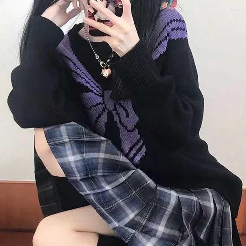 

Women' Sweaters Winter Knitted Pullover Japanese Bow Round Neck Sweater Jumper Oversized Long Sleeve Y2K Goth Grunge Streetwea Clothing, Black
