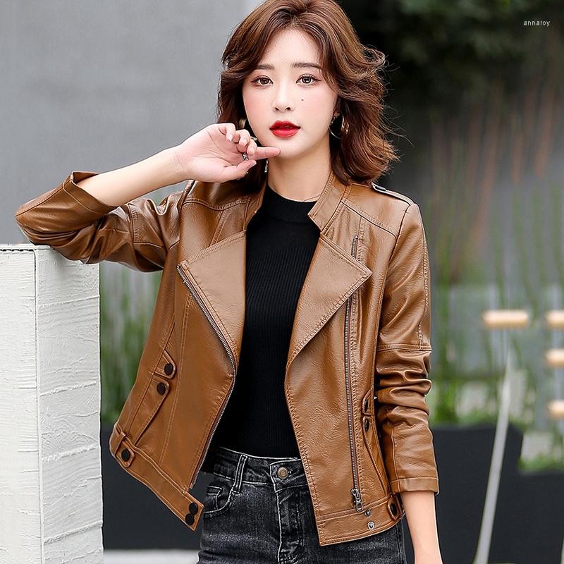 

Women's Leather Women Jacket Spring 2023 Cool Fashion Moto&Biker Style Outerwear Stand Collar Short Sheepskin Coat, Black