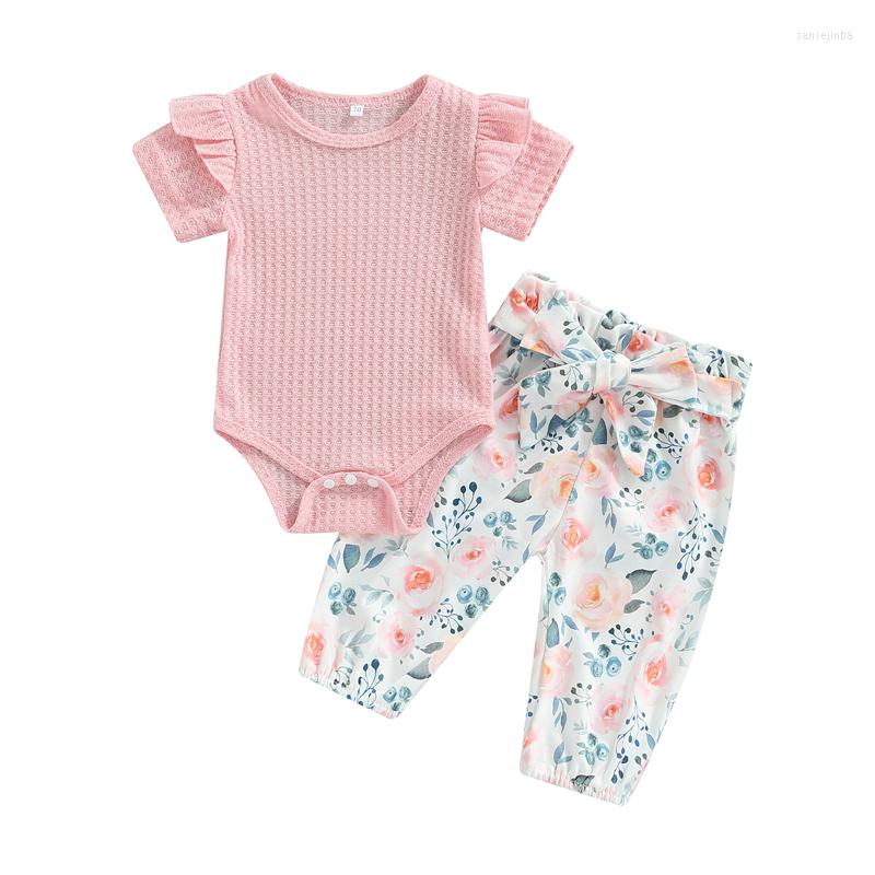 

Clothing Sets Born Baby Girls Summer Outfit Casual Solid Color Short Sleeve Romper Floral Pants With Bowknot Suit Sweet Clothes Set, Pink