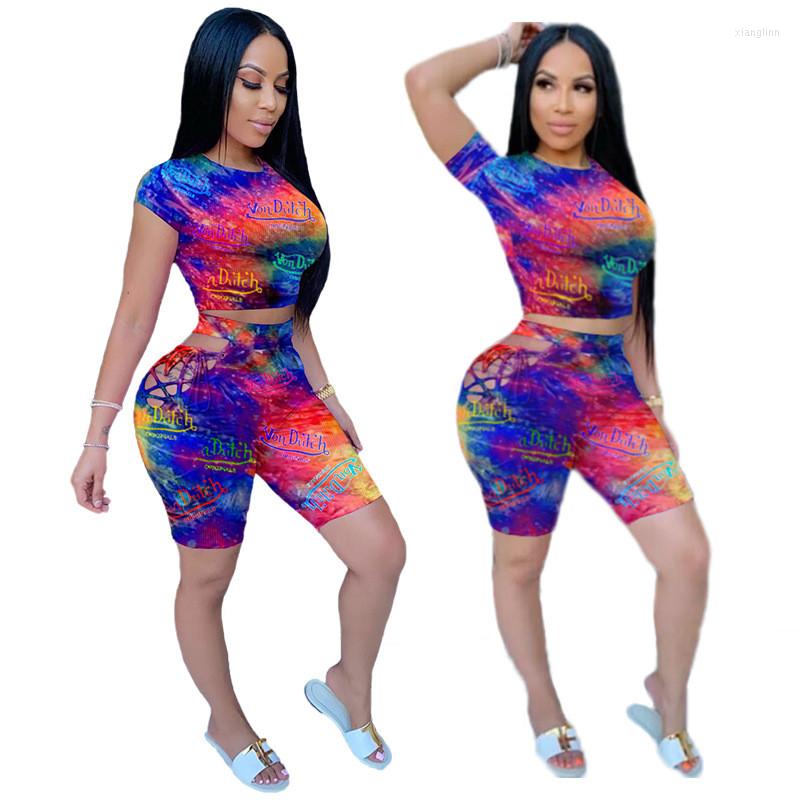 

Women' Tracksuits O Neck Sexy Tracksuit Summer Short Sleeve Tie Dye Print 2 Pieces Outfits Ladies Matching Set, Multi