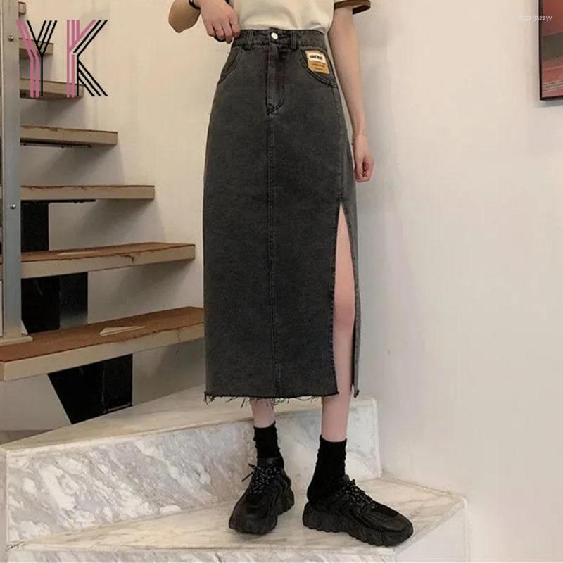 

Skirts Black High Waist Splitting Denim Midi Skirt Sexy Harajuku Fashion Korean Straight Long Jean 2022 Vintage Summer Women Saia, Blue