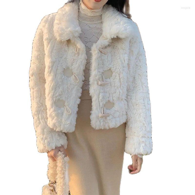 

Women's Fur Warm And Lovable Horn Buckle Integration Short Loose Coat Female Autumn Winter Thickening Plush Tops Suitable 40-62kg, Milky white