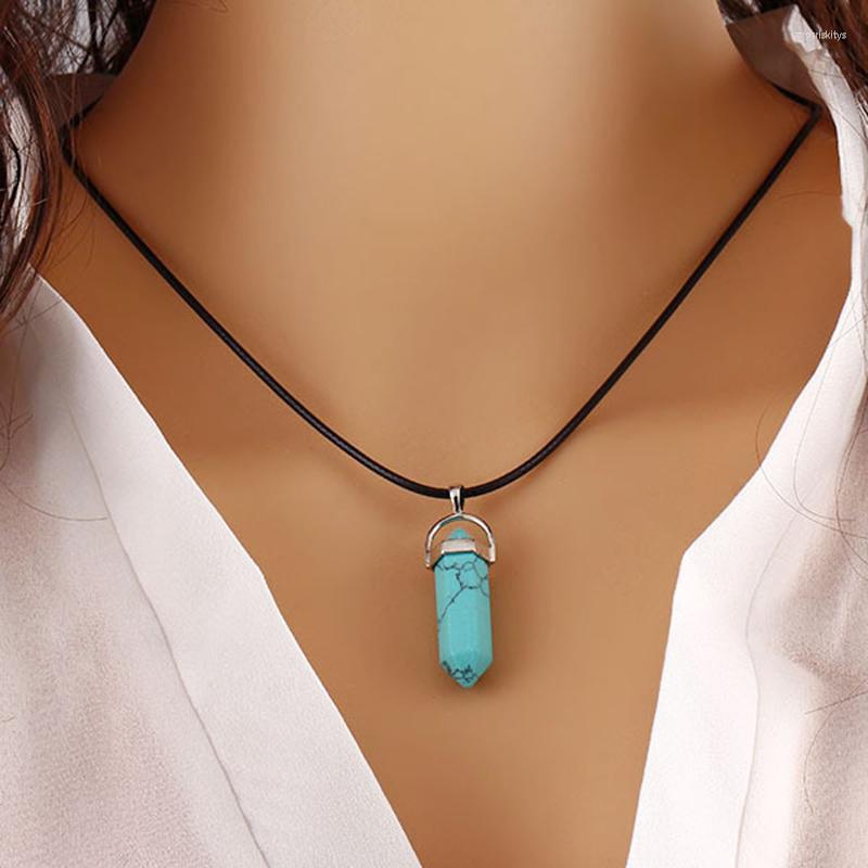 

Choker 2022 Hexagonal Column Necklaces Natural Crystal Pendants Pink Stone Pendant Leather Chains Necklace For Women Fashion Jewelry