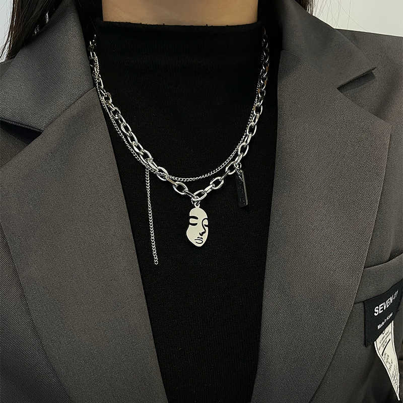 

Pendant Necklaces Strands Strings Personality hip hop ins portrait Necklace female titanium steel non fading double layered stacked couple sweater chain male
