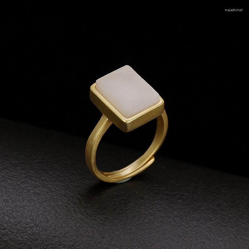 

Cluster Rings Ancient Gold Craftsmanship Inlaid Natural Hetian White Jade Square Opening Adjustable Ring Simple Charm Chinese Jewelry