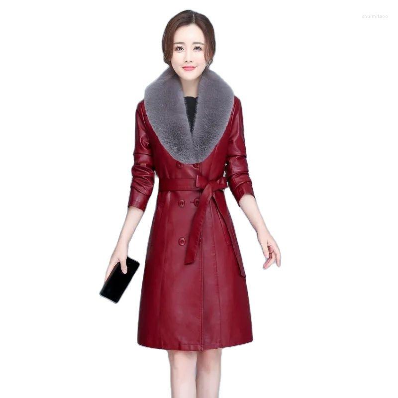 

Women's Leather 2022 Women's PU Jacket For Winter Add Cotton Warm Slim Big Fur Collar Long Coat Female Outerwear 7XLB1799, Black no fur collar