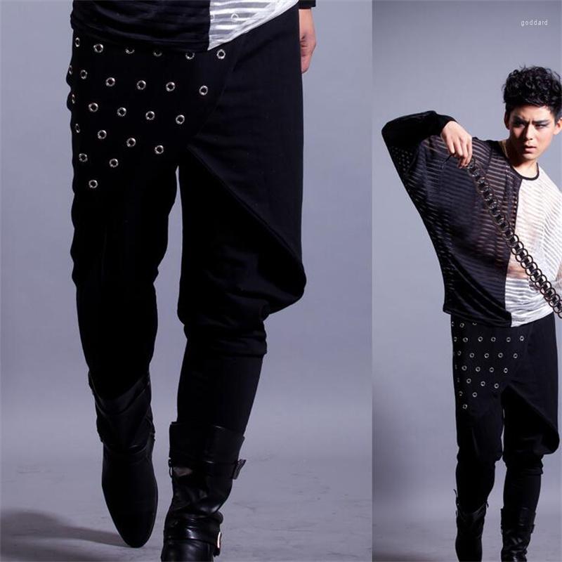 

Men's Pants Stage Personality Men Casual Skirt Pant Feet Trousers Singer Dance Rock Fashion Pantalon Homme Punk Rivets Black, Only pants