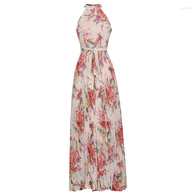 

Casual Dresses QUALITY HIGH 2022 Fashion Designer Runway Dress Women' Halter Sleveeless Sashes Floral Print Pleated Long, Picture shown