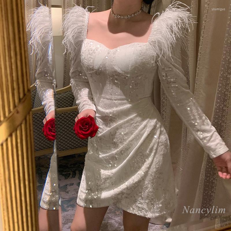 

Casual Dresses Shiny Sequined Feather Dress For Women Spring Winter Evening Party Long Sleeve Square Collar Sexy Vestidos Femme, White