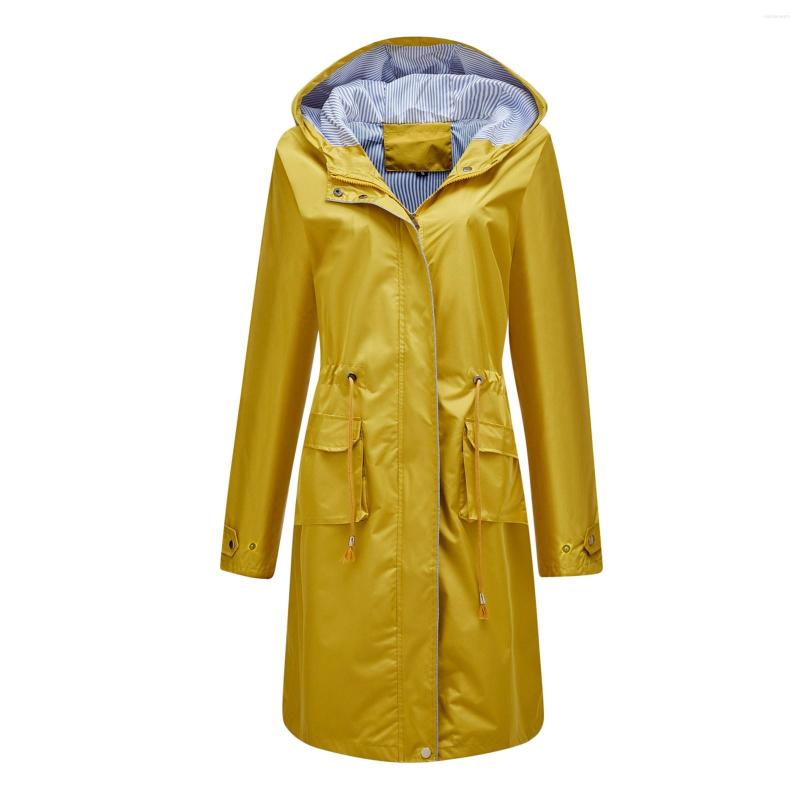 

Women' Trench Coats Polyester Long Winterwaterproof Coat Woman PFC 2022 Length Waterproof Loose ZpperHooded Windbreaker, Yellow