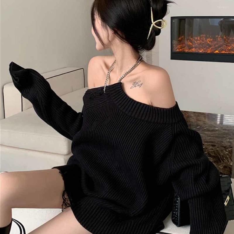 

Women's Sweaters Chain Irregular Halter V-Neck Loose Knitted Sweater Women Jumpers Elastic Casual Pullovers Zippers Long Sleeve Vintage, Black