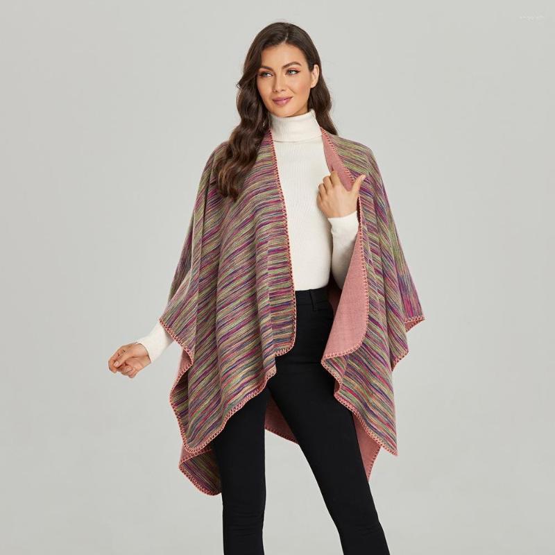 

Scarves 2022 Colorful Fluorescent Color Bars Poncho Capes Winter Cashmere Scarf Shawls And Wraps Tassels Pashmina Ladies Cloak